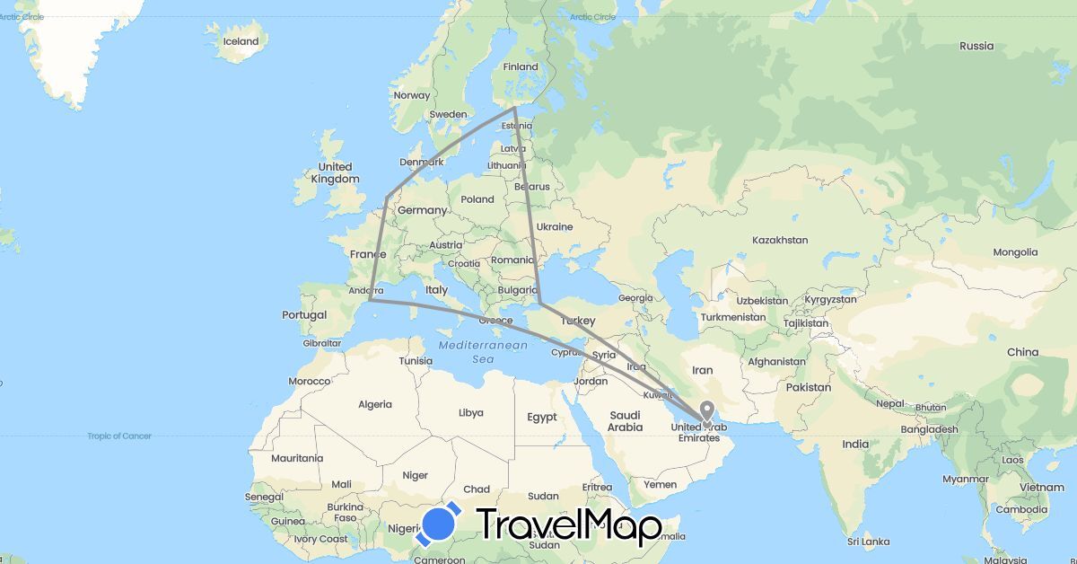 TravelMap itinerary: driving, plane in United Arab Emirates, Spain, Finland, Netherlands, Turkey (Asia, Europe)