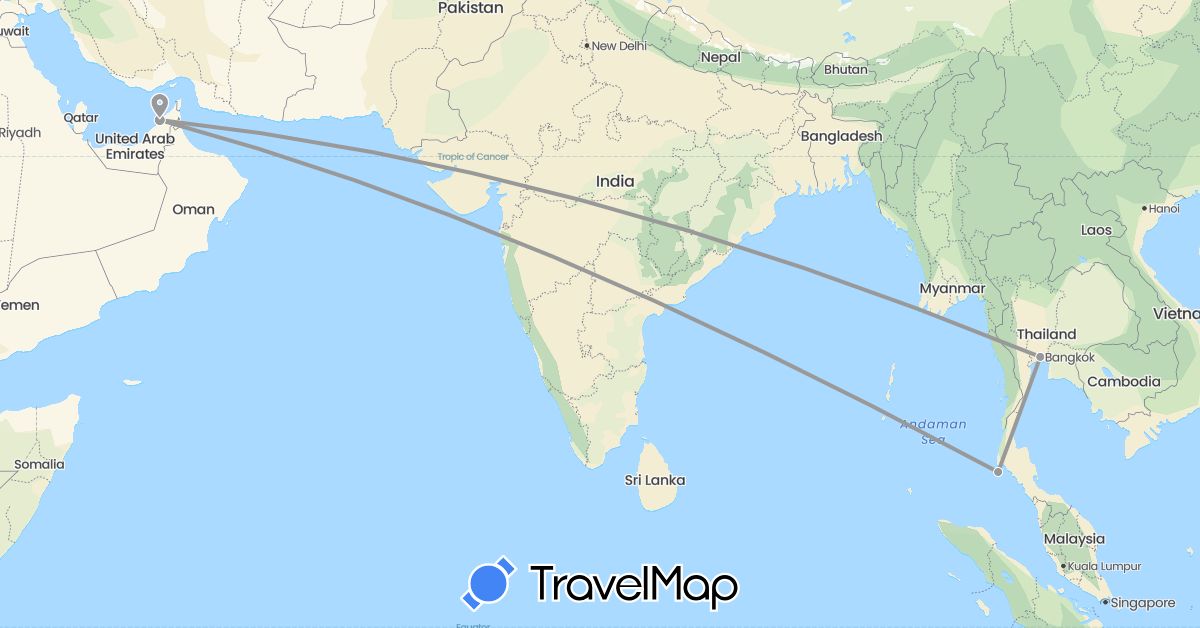 TravelMap itinerary: driving, plane in United Arab Emirates, Thailand (Asia)