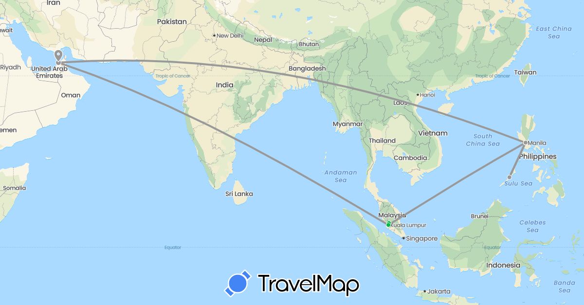 TravelMap itinerary: driving, bus, plane in United Arab Emirates, Malaysia, Philippines (Asia)