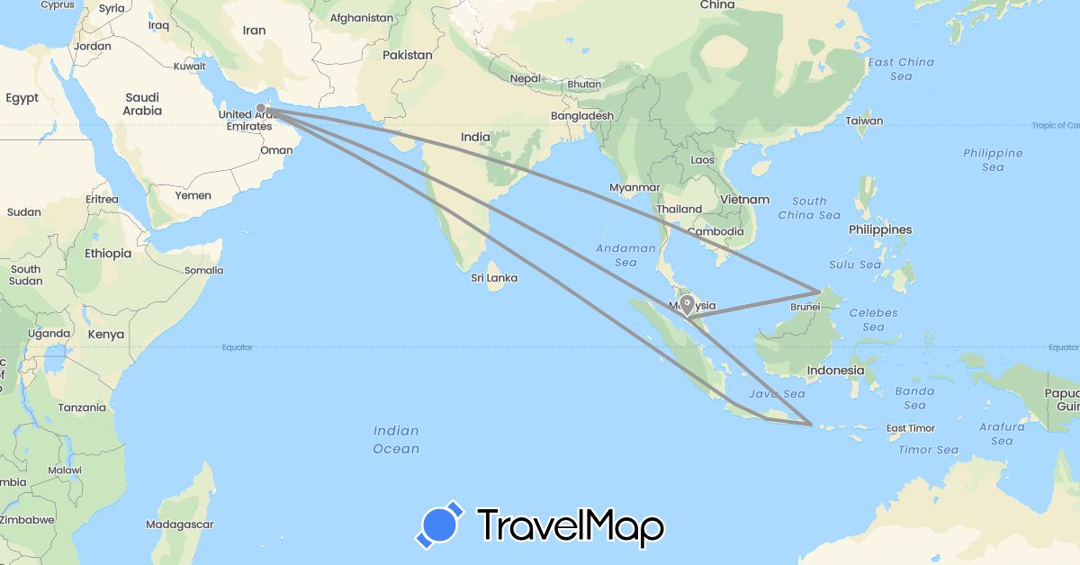TravelMap itinerary: driving, plane in United Arab Emirates, Indonesia, Malaysia (Asia)